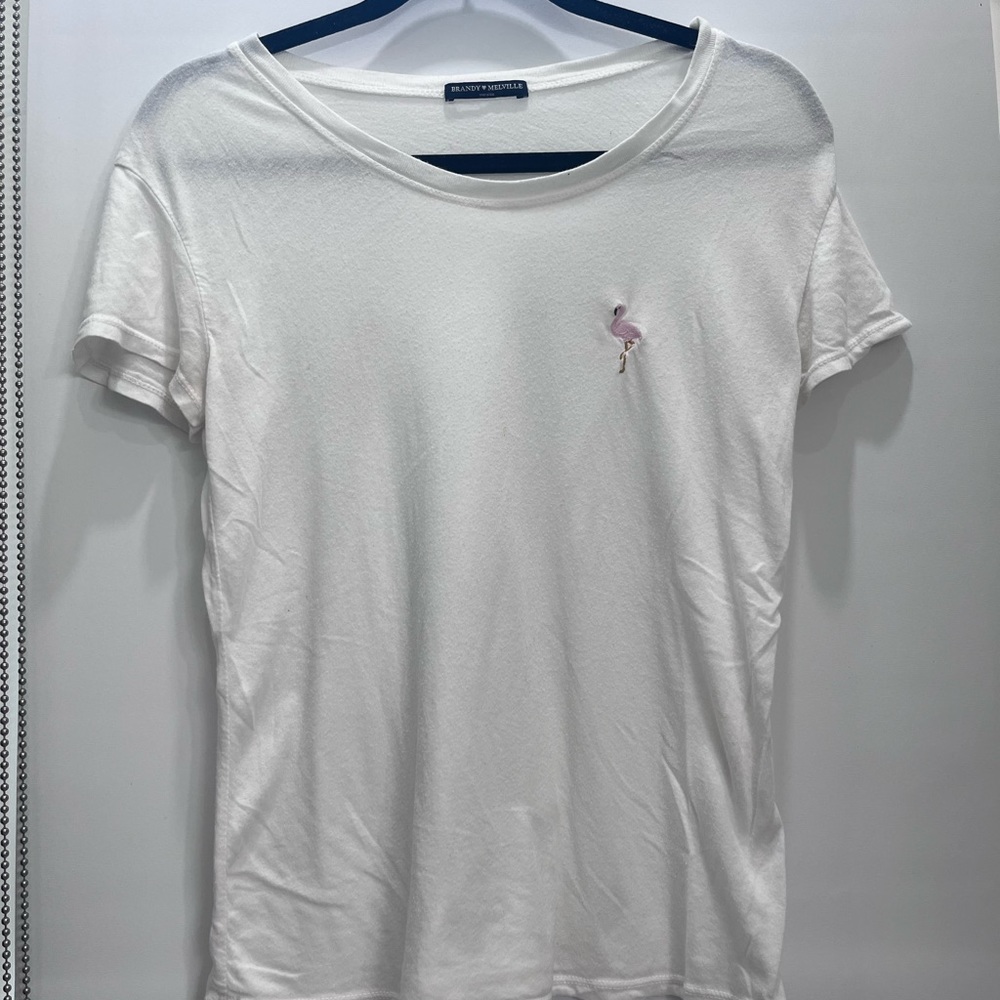 Brandy melville t-shirt, one size, white with a small pink flamingo